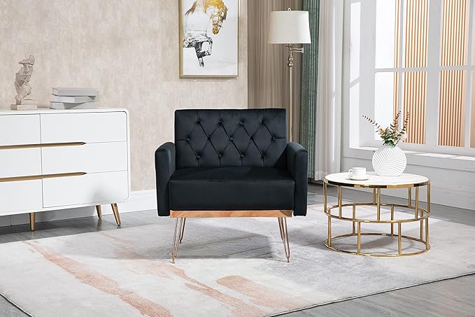 Velvet Accent Chair Upholstered Living Room Accent Armchair Leisure Single Chairs with Rose Golden feet Tufted Sofa Chairs for Home Office Living Room Bedroom Small Space (Black)