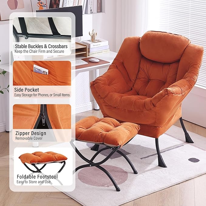 Lazy Chair with Ottoman Modern Accent Chair with Armrests and a Side Pocket Velvet Orange Accent Chairs Reading Chairs Oversized Armchairs for Bedroom Study Living Room Courtyard