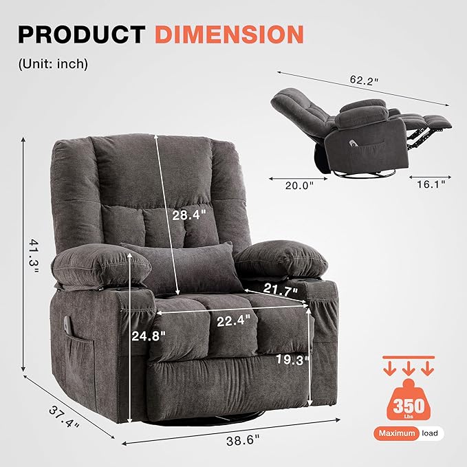 Massage Swivel Recliner Chair with Vibration Massage and Lumbar Heating for AdultsOversized Rocker Recliner Single Sofa with Side PocketTwo Cup Holders and USB Charge Port for Living Room