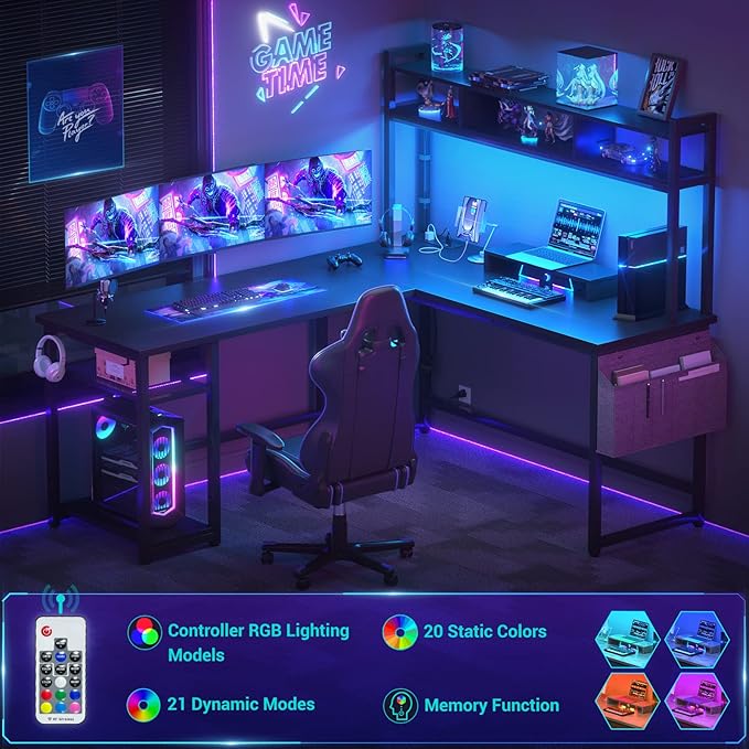 Aheaplus L Shaped Desk with Power Outlet &amp LED Strip Reversible L-Shaped Corner Computer Desks Gaming Desk with Storage Shelf &amp Monitor Stand Modern 2 Person Home Office Desk Writing Desk