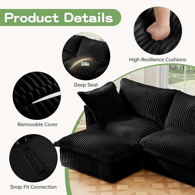 Modular Sectional Sofa Cloud Couch 156.6 L Shaped Comfy 3-Seat Couch with Ottoman &amp Removable Cover Oversized Sofa Set for Living Room Apartment Black Corduroy