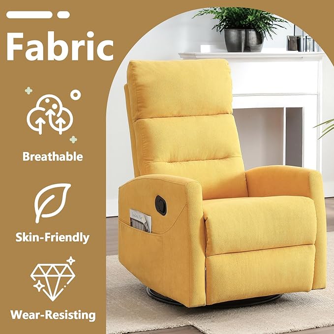 Slim Lazy Boy Recliners for for Adults Swivel Rocking Chair Recliner with High Back Small Recliner Chair for Small Spaces Manual Reclining Chair for Living Room Adjustable Footrest (Yellow)
