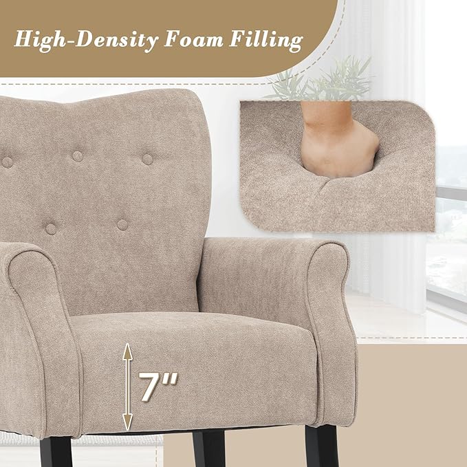Athena Collection Mid Century Modern Chair for Living Room Upholstered Wingback Reading Chair for Adults Comfy Linen Fabric Armchair with Wooden Legs for Bedroom Dorm Balcony Beige