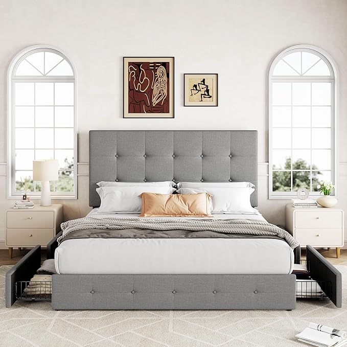 Allewie Upholstered Full Size Platform Bed Frame with 4 Storage Drawers and Headboard Square Stitched Button Tufted Mattress Foundation with Wooden Slats Support No Box Spring Needed Light Grey