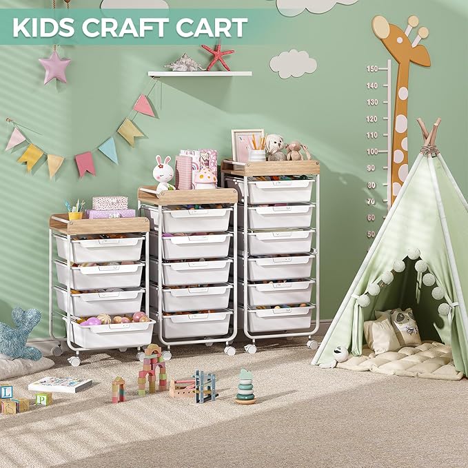 Rolling Storage Utility Cart with 4 DrawersKids Craft Art CartMakeup Organizer and Storage with Wooden TabletopWhite
