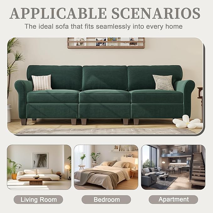 94 Sofa for Living Room 3 Seater Couch with Deep Seat Modern Comfy Corduroy Couches for Apartment Small Space Dark Green