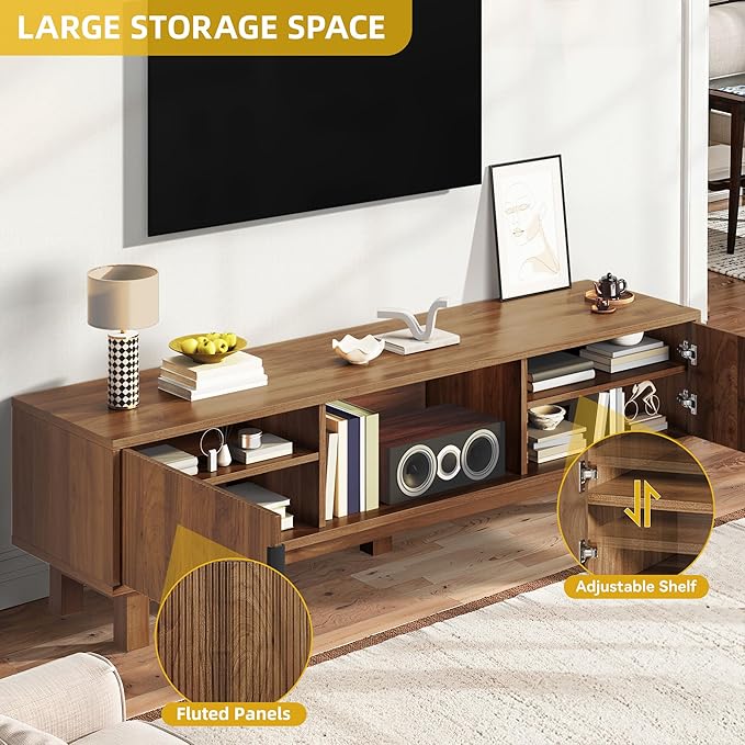 DWVO Fluted TV Stands for Living Room Entertainment Center for TVs up to 65 Inch Mid Century Modern Media Console with Power Outlets &amp Storage Compartments 59 Long TV Cabinet Walnut