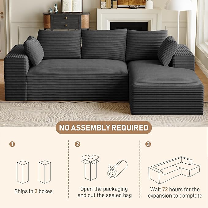 Modular Sectional Sofa Cloud Couch107 Comfy L Shaped Sectional Couches for Living RoomModern Deep Seat Cozy Fluffy Corduroy Boneless Couch Sectionals Sofa with Chaise(Right FacingDark Grey)