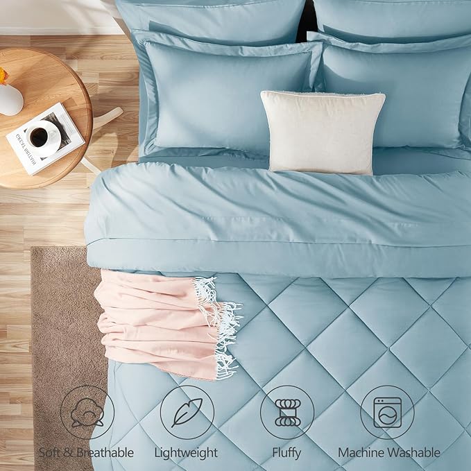CozyLux Queen Comforter Set Light Blue - Bed in a Bag Queen Size 7 Pieces Luxury Soft Bed Set for All Seasons Bedding Set with Down Alternative Comforter Sheets Pillowcases &amp Shams