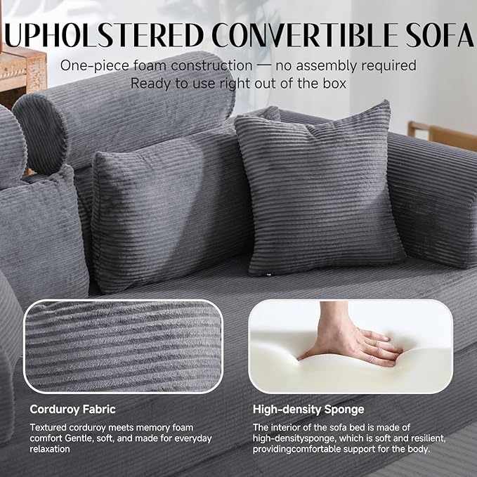 Upgrade Sofa Bed Convertible Boneless Couch for Small Spaces with High Backrest Design Fixed-Shape Frame &amp Removable Armrests and Backrest 2 Corduroy Pillow Dark Gray
