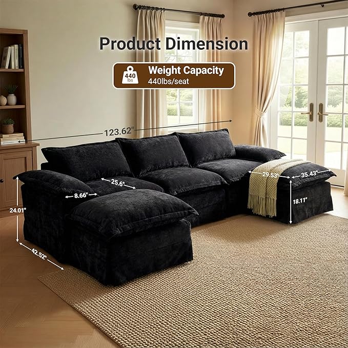 Claiks 123 Modular Boneless Couch U Shaped Couch for Living Room Modern Deep Seat Sofa 3 Seater Chenille Fabric Comfy Cloud Couches with Movable Ottoman Black