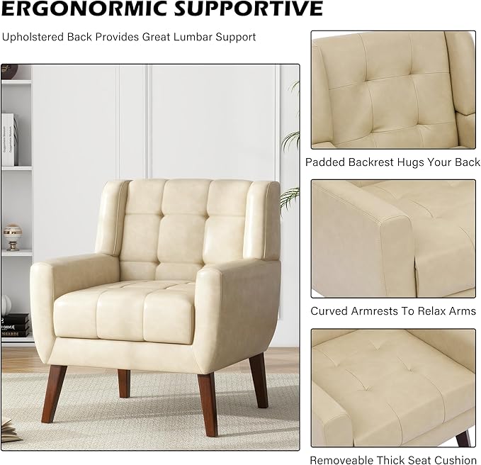 UIXE Faux Leather Accent Chair Modern Upholstered Club Arm Chair for Living Room Comfy Armchair Single Sofa Seat with Solid Wooden Legs (Cream)