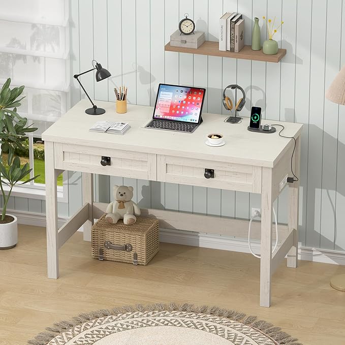Farmhouse Computer Desk with 2 Drawers 39 Inch Small Office Computer Desk with Power Outlets Compact Writing Study Vanity Desk for Small Spaces White
