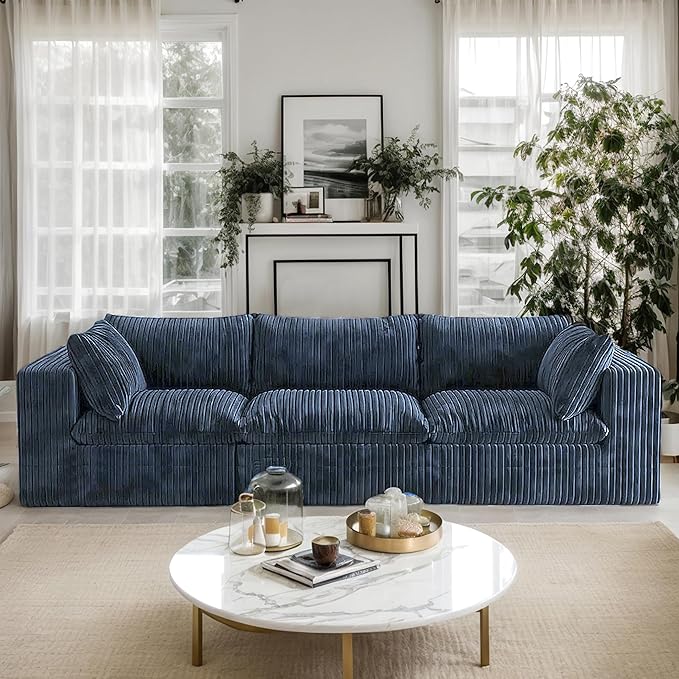 118.2 Oversized 3-Seater Modular Sectional Sofa Modern Comfy Plush Corduroy Upholstered Boneless Couch No Assembly Required Fluffy Deep Seat Cloud Couch for Living Room (Blue 3 Seater)
