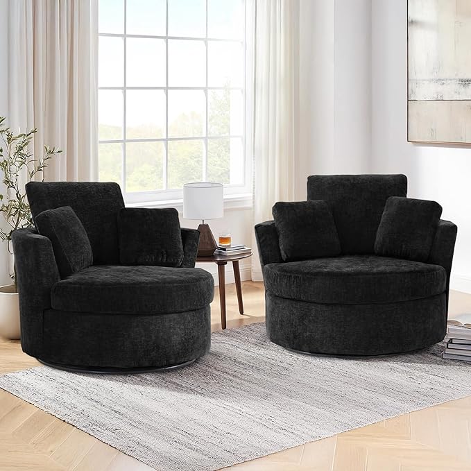 42 W Modern Black Swivel Barrel Chair with 360° Round Metal Base &amp Soft Chenille Pillows &amp Thick Cushion Comfy Oversized Chaise Longue Indoor Living Room Bedroom Club Reading Armchair (Blac