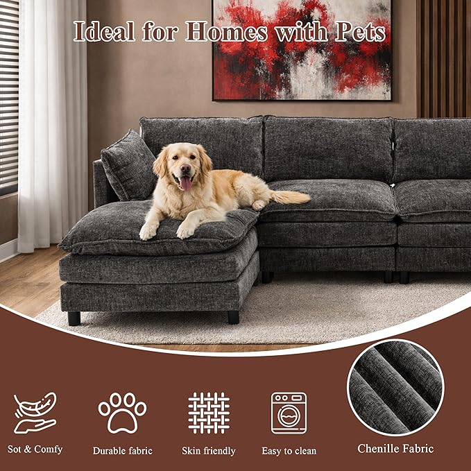 108 U Shaped Couch Comfy Cloud Modular Sectional Sofa with Movable Ottoman Deep Seat Chenille Modern Cloud Sofa Sectional Couches for Living Room Apartment (Gray 4 Seater with 1 Ottoman)