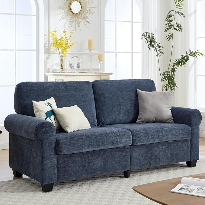 79 inch Modern Classic Upholstered Loveseat Sofa Blue Chenille Fabric Rolled Arms Plush Cushions Living Room Furniture
