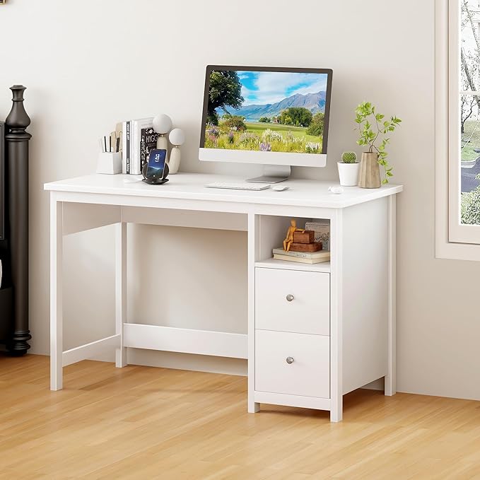 BHG White Desk with DrawersModern Small Computer Desk for Home Office Makeup Vanity Desk Dressing Table for BedroomFiling Cabinet Writing Table PC Desks for Study (White 39.3)
