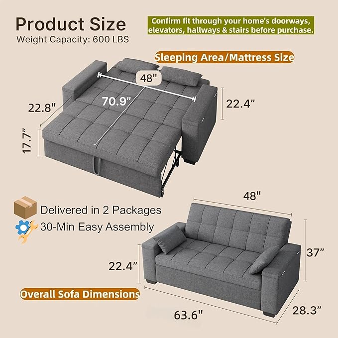 Gizoon 3 in 1 Convertible Sofa Bed Queen 63.6'' Pull Out Couch with Storage Armrests Sofa Cama Adjustable Backrest &amp Pockets Linen Loveseat Sleeper for Small Apartment Living Room Dark Grey
