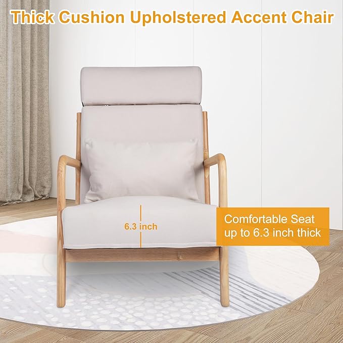 Mid Century Modern Accent Chair with High BackrestLiving Room Chair with Solid Wood FrameUpholstered Reading Armchair for BedroomBeige