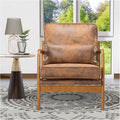 Leather Armchair with Wood Frame Waist Cushion Mid Century Modern Comfortable Single Person Sofa Chair Armrest Reading Accent Chairs for Living Room Bedroom (Brown)