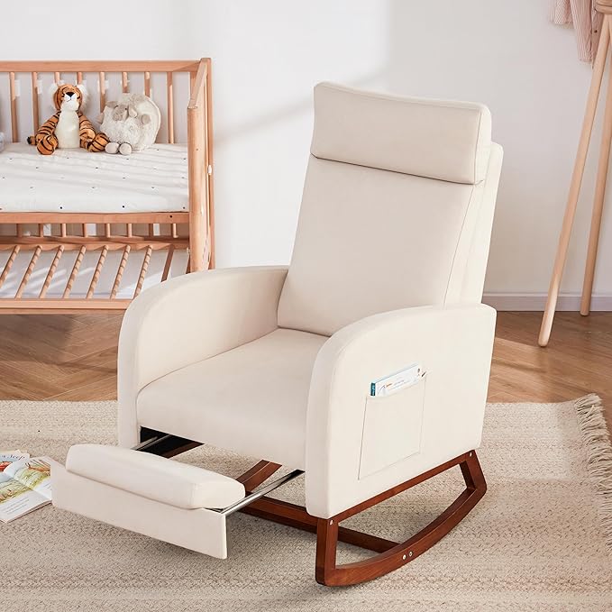 Rocking Chair with Foot Rest Ergonomic Nursery Chair with High Back Baby Glider Rocker Nursing Chair Accent Living Room (Linen Beige)