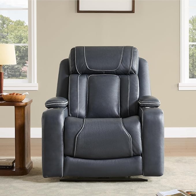 Watson &amp Whitely Super Zero Gravity Recliner Chair Oversized Genuine Leather Electric Recliner W Power Adjustable Headrest &amp Lumbar Support Hidden Storage for Living Room Navy Blue