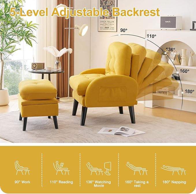 ELUCHANG Accent Chairs with Ottoman Upholstered Comfy Armchair with Adjustable Backrest&ampStorage Footrest Lazy Chair Reading Chair Leisure Sofa Recliner for Living Room Bedroom (Yellow - Linen)
