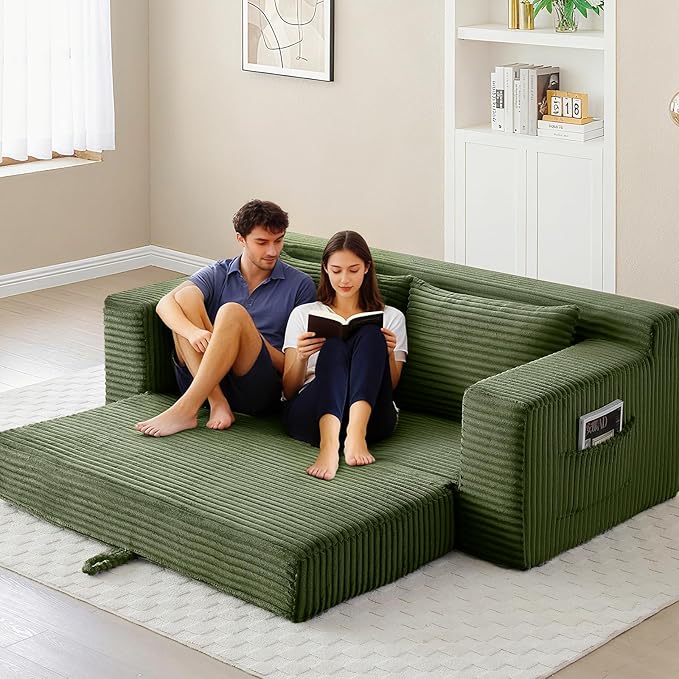 73 Convertible Sofa Bed Pull Out Boneless Loveseat Sleeper Sofa Corduroy Foldable Couch Bed with Storage Bag No Assembly Couch in a Box for Living Room Apartment (Green)