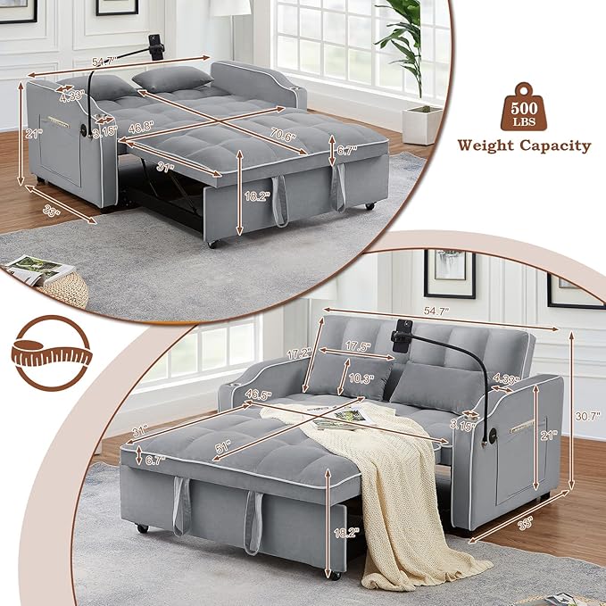 Pull Out Sofa Bed with Phone Holder Convertible Velvet Loveseat Sleeper with 2 USB Charging Ports Modern Futon Couch with Cup Holders and Adjustable Backrest Love Seat for Living Room Light Grey