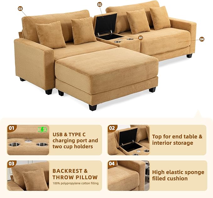 111.8 inch Modular Sectional Sofa with Charging Ports Cup Holders &amp Storage Modern Oversized Corduroy 4-Seater for Living Room Yellow