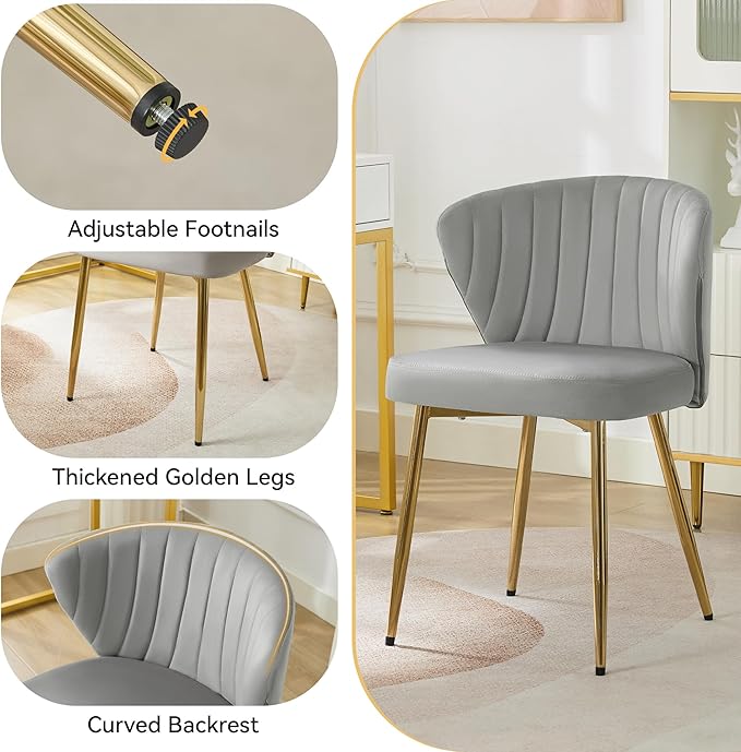 Velvet Vanity Chair Set of 2 Modern Makeup Chair with Back Golden Legs Small Cute Accent Chair for Vanity Living Room Bedroom Grey