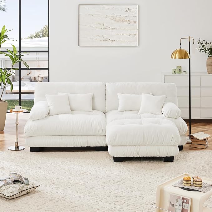 Deep Seat Sectional Sofa 94.4 Comfy Cloud Couch Loveseat with Ottoman Chenille 2 Seater Sofa with 2 Lumbar Pillows and 2 Throw Pillows Couches for Living Room (White 2 Seat + 1 Ottoman)