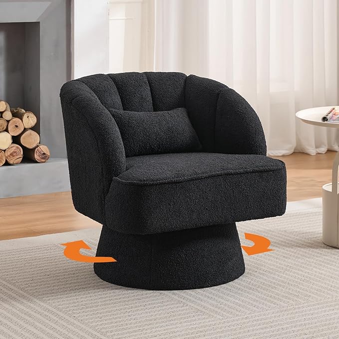 Swivel Barrel Chair - Teddy Bear Velvet Upholstered Modern Armchair with Striped Backrest &amp Plush Padding Round Lounge Chair for Living Room Bedroom Small Spaces Black - (1 Pcs)