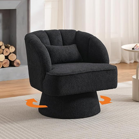 Swivel Barrel Chair - Teddy Bear Velvet Upholstered Modern Armchair with Striped Backrest &amp Plush Padding Round Lounge Chair for Living Room Bedroom Small Spaces Black - (1 Pcs)