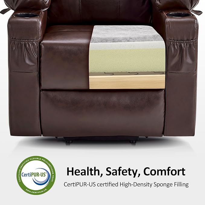 MCombo Power Lift Recliner Chair for Elderly Lift Chair with Heat and Massage FSC Certified USB Ports Cup Holders Faux Leather 7141 (Dark Brown Small)