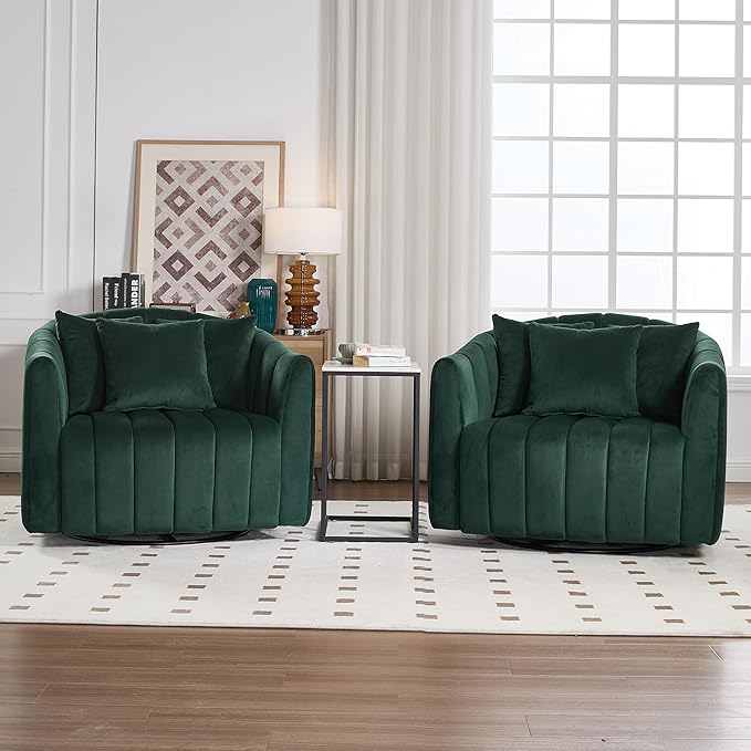 Chifee &amp Vingol 40.16 W Swivel Accent Barrel Chair Velvet Round Barrel Chair with 3 Pillows 360 Degree Swivel Armchair for Living Room Bedroom Green