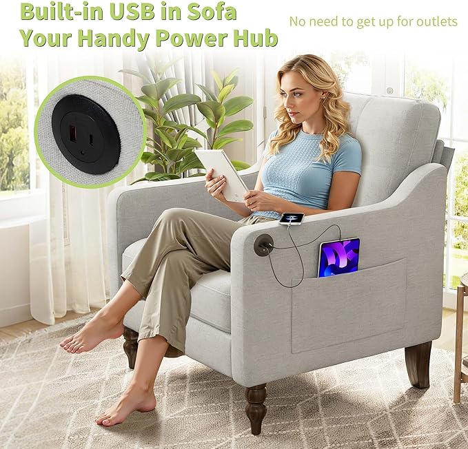 Small Accent Chair Comfy Reading Chairs for Adults with Side Storage Ergonomic Armchair with Wide Backrest Room Chairs with USB Charging Port Living Room Apartment Bedroom (Beige)