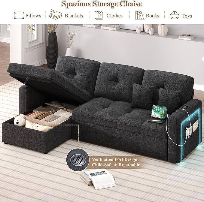 HIFIT 81 LED Sectional Sleeper Sofa with Pull Out Couch Bed Convertible L Shaped Couch with Storage &amp USB &amp Adjustable Backrest &amp 2 Pillows Chenille Sectional Couch for Living Room Bedr