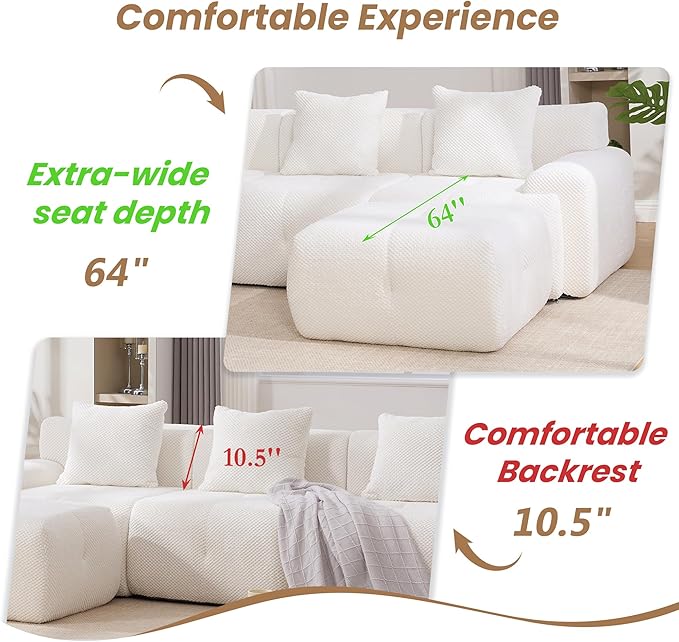 104.3 Modular Sectional SofaModern L-Shaped Couch with Movable Ottoman &amp Deep SeatFuzzy FabricNo AssemblyBoneless Couch for Living Room