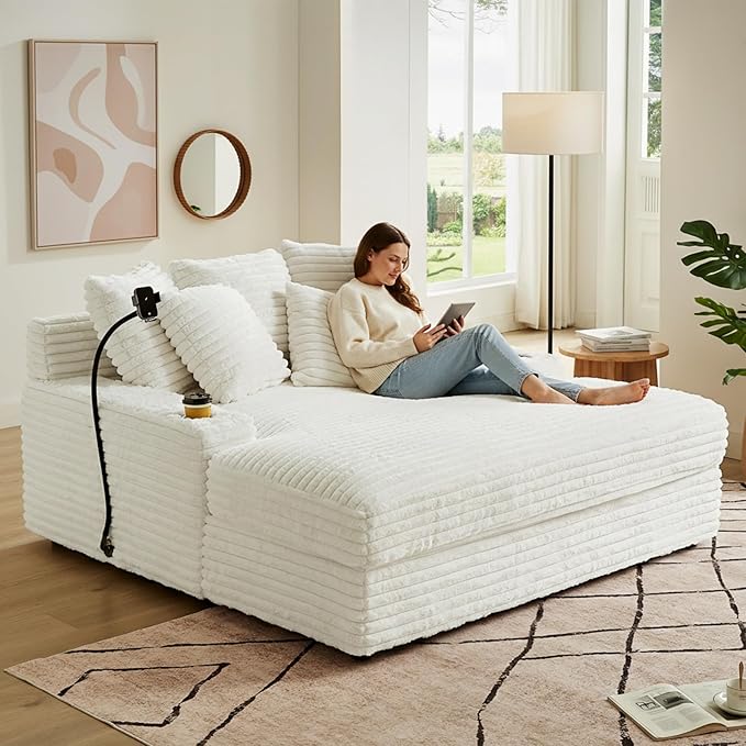 65.35 Oversized Chaise Lounge Chair for 2 Upholstered Sleeper Sofa Bed with Cup Holders | Charging Station | Removable Backrest | Backrest Pilow Fluffy Chair Sofa Couch for Living Room Beige