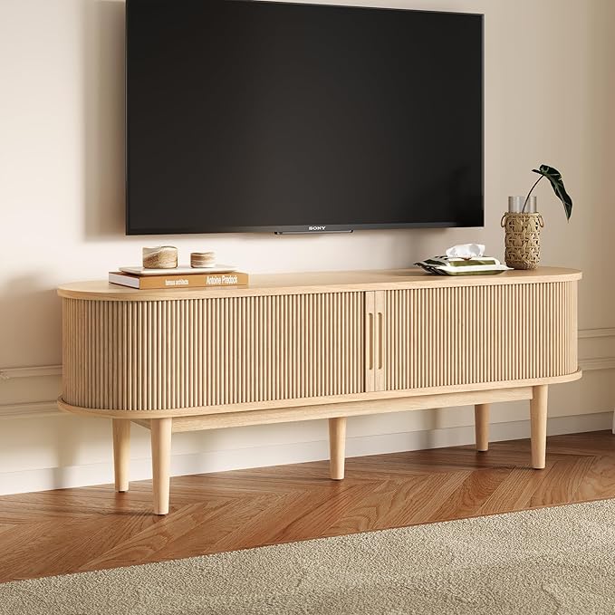 LINSY HOME 58 Fluted TV Stand for TVs up to 65 Inch Mid Century Modern Entertainment Center with Storage Cabinet and Sliding Doors Farmhouse Wood Media TV Console for Living Room Bedroom Oak