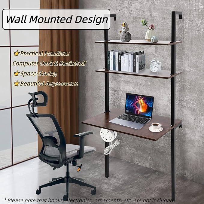 3 Tiers Wall Mount Desk Industrial Ladder Desk Computer Desk Writing Table with Bookshelf Floating Pipe Table with Power Strip for Home Office Dormitories Brown
