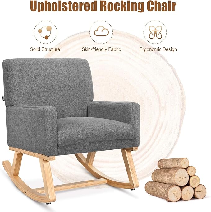 Giantex Upholstered Rocking Chair with Fabric Padded Seat and Solid Wood Base Comfortable Rocker for Living Room Bedroom Study Room Office Rocking Armchair (Gray)