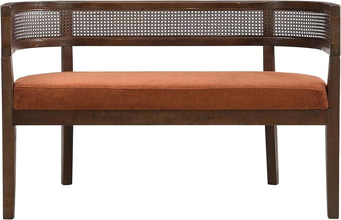 Christopher Knight Home Xiza Modern Fabric Upholstered Loveseat Sofa with Rubberwood Frame Comfy 2-Seater Sofa Couch and Rattan Backrest Love Seat Couches for Living Room Dark Orange + Walnut