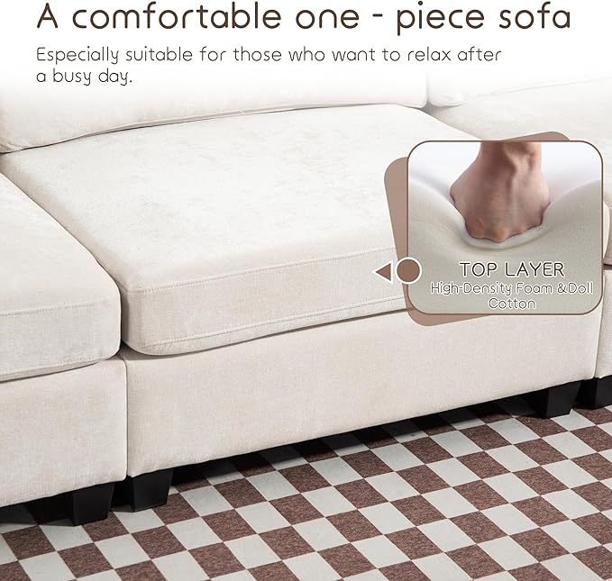 111 Sofas for Living Room 3 Seater Couch with 2 Pillows Modern Comfy Chenille Couches with Storage Bag Deep Seat Sofa for Apartment Small Space Beige
