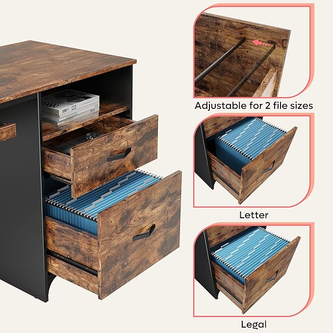 Bestier Office Desk with Drawers 55 inch Industrial Computer Desk with Storage Wood Teacher Desk with Keyboard Tray &amp File Drawer for Home Office Rustic Brown