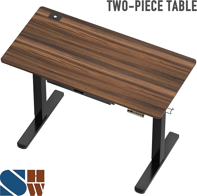 SHW 48-Inch Electric Height Adjustable Standing Desk with Drawer Memory Preset and Cable Management Tray Walnut