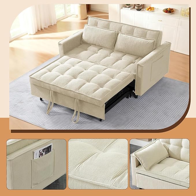 3 In 1 Corduroy Convertible Sofa BedPull Out Couch Bed with Reclining Backrest And 2 Pillows 54 Full Size Loveseat Sleeper Sofa Futon Couch Bed Couches For Small Spaces Living Room (Beige)