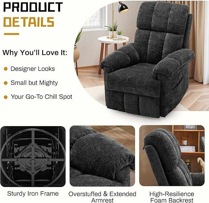 Recliner Chair Swivel Rocker Recliner Chair for Adults Small Recliners for Small Spaces Upholstered Manual Recliner with Side Pockets Nursery Rocking Chair for Living Room Chenille Black